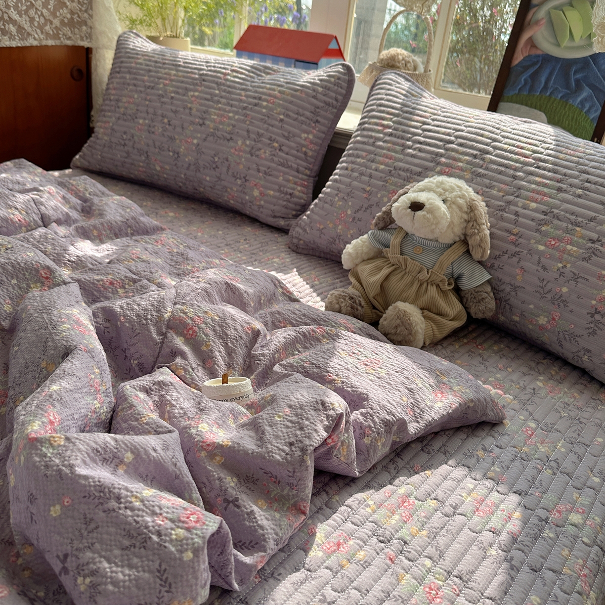 91家纺网 家纺一手货源 找家纺 几禾 2026新款高品质A类泡芙纱床盖夏被套件-青提系列（晚风渐热，温柔续夏） 青提-松间茶事