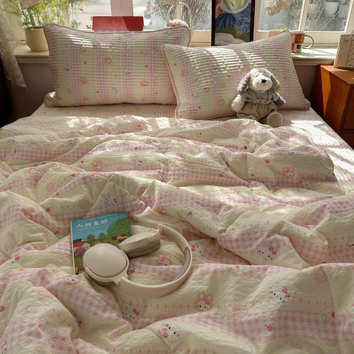 91家纺网 家纺一手货源 找家纺 几禾 2026新款高品质A类泡芙纱床盖夏被套件-青提系列（晚风渐热，温柔续夏） 青提-黄粉猫团