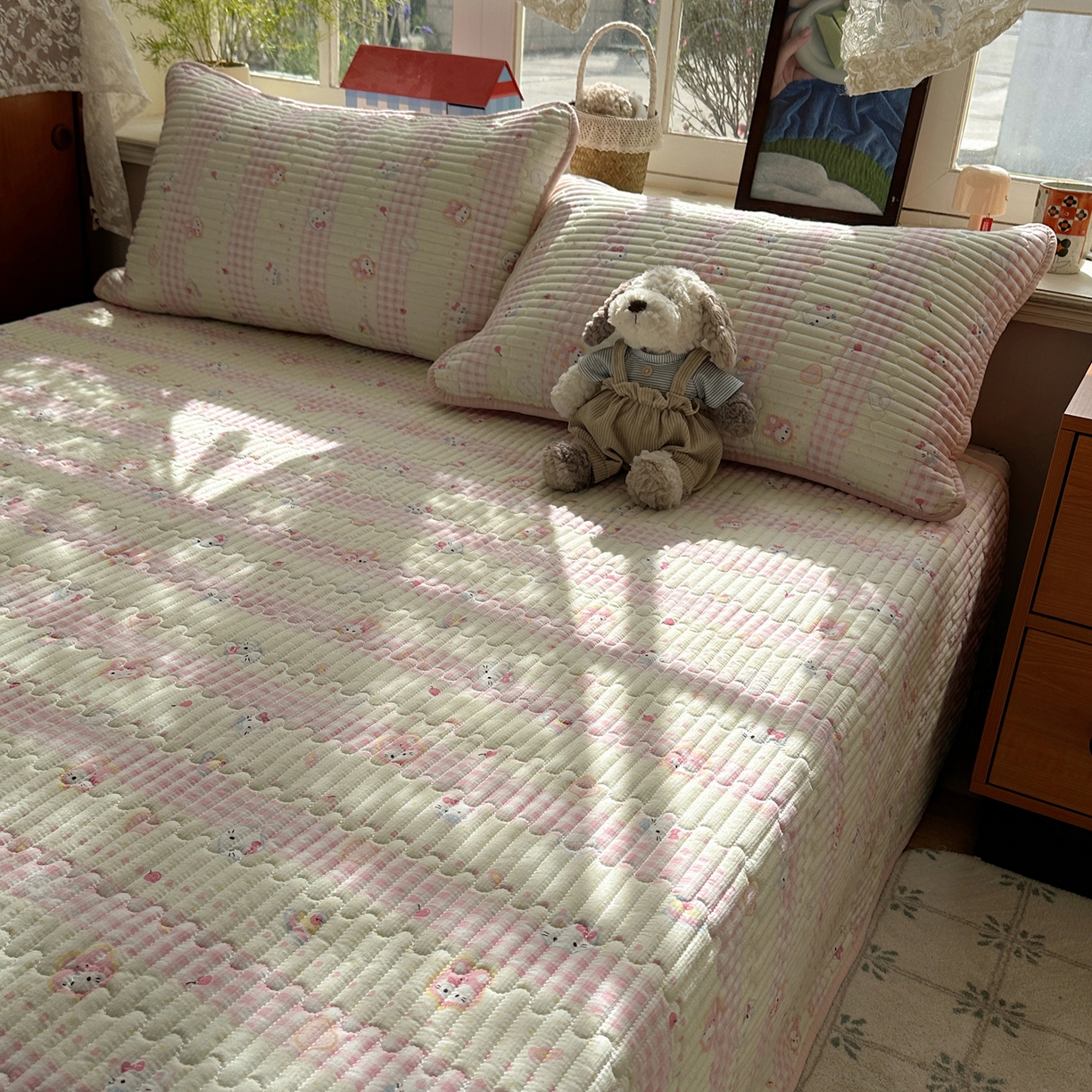 91家纺网 家纺一手货源 找家纺 几禾 2026新款高品质A类泡芙纱床盖夏被套件-青提系列（晚风渐热，温柔续夏） 青提-黄粉猫团