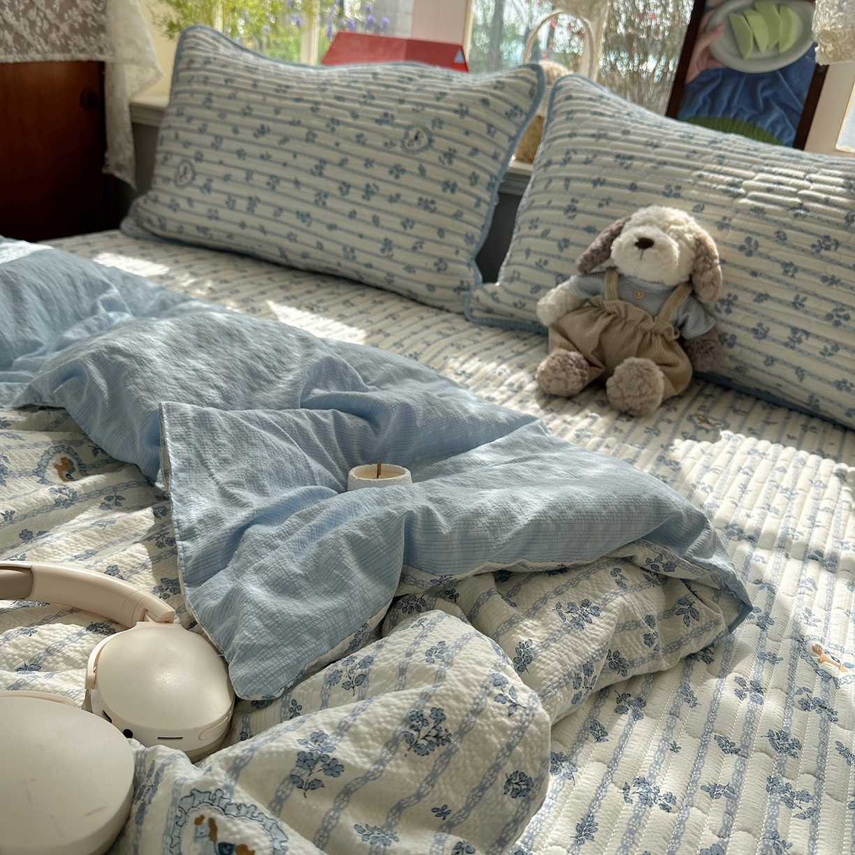 91家纺网 家纺一手货源 找家纺 几禾 2026新款高品质A类泡芙纱床盖夏被套件-青提系列（晚风渐热，温柔续夏） 青提-浅蓝花织