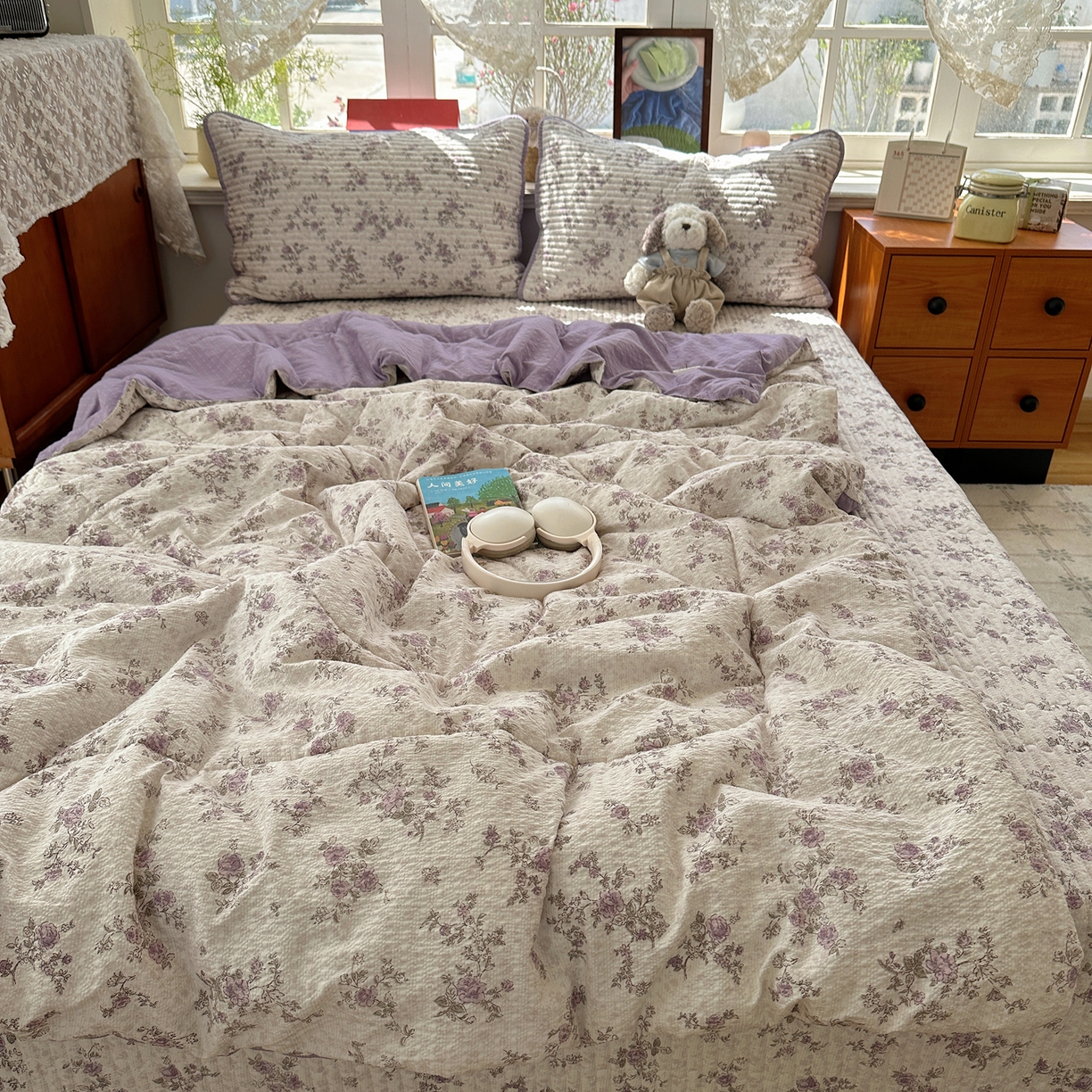 91家纺网 家纺一手货源 找家纺 几禾 2026新款高品质A类泡芙纱床盖夏被套件-青提系列（晚风渐热，温柔续夏） 青提-柔紫碎花屿
