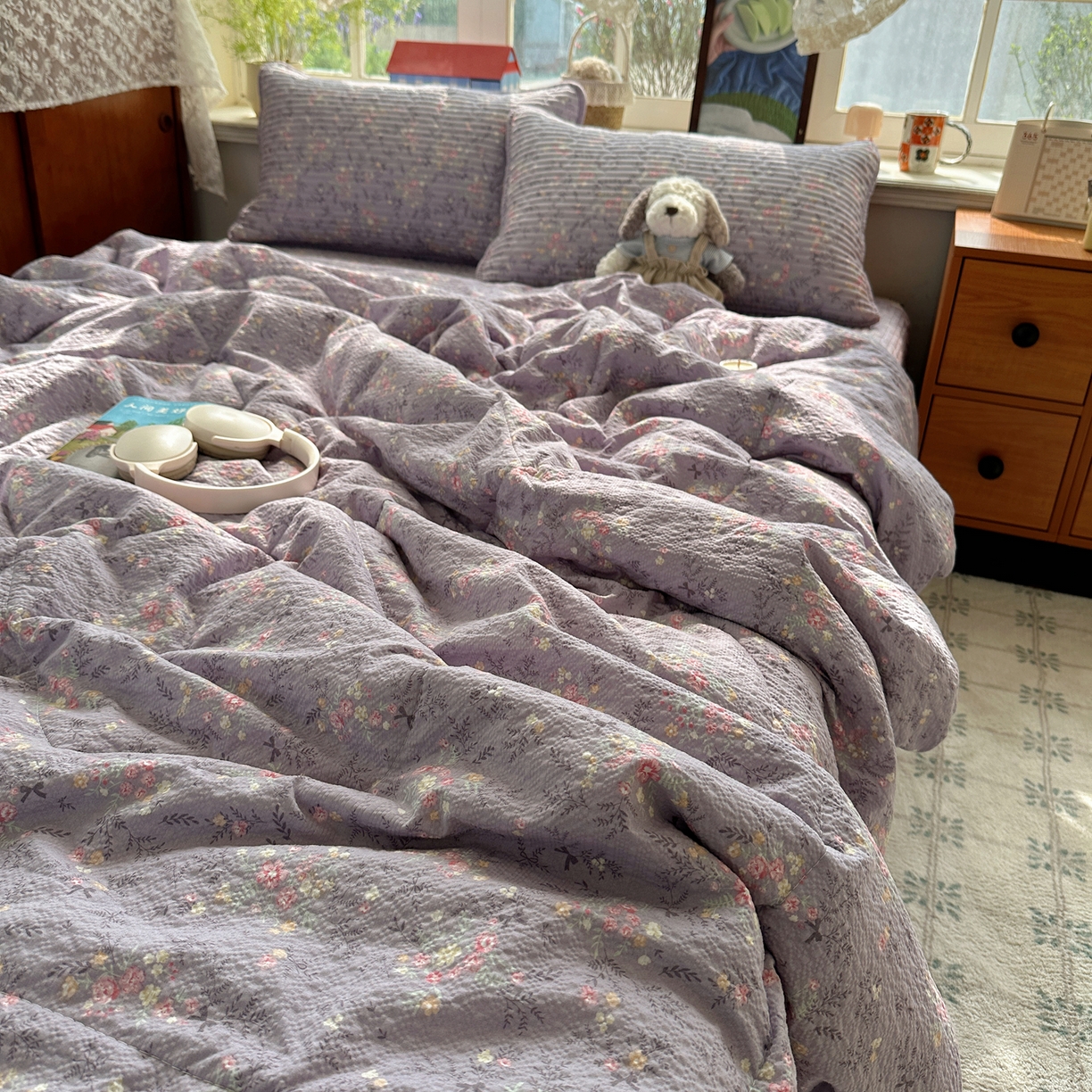 91家纺网 家纺一手货源 找家纺 几禾 2026新款高品质A类泡芙纱床盖夏被套件-青提系列（晚风渐热，温柔续夏） 青提-松间茶事