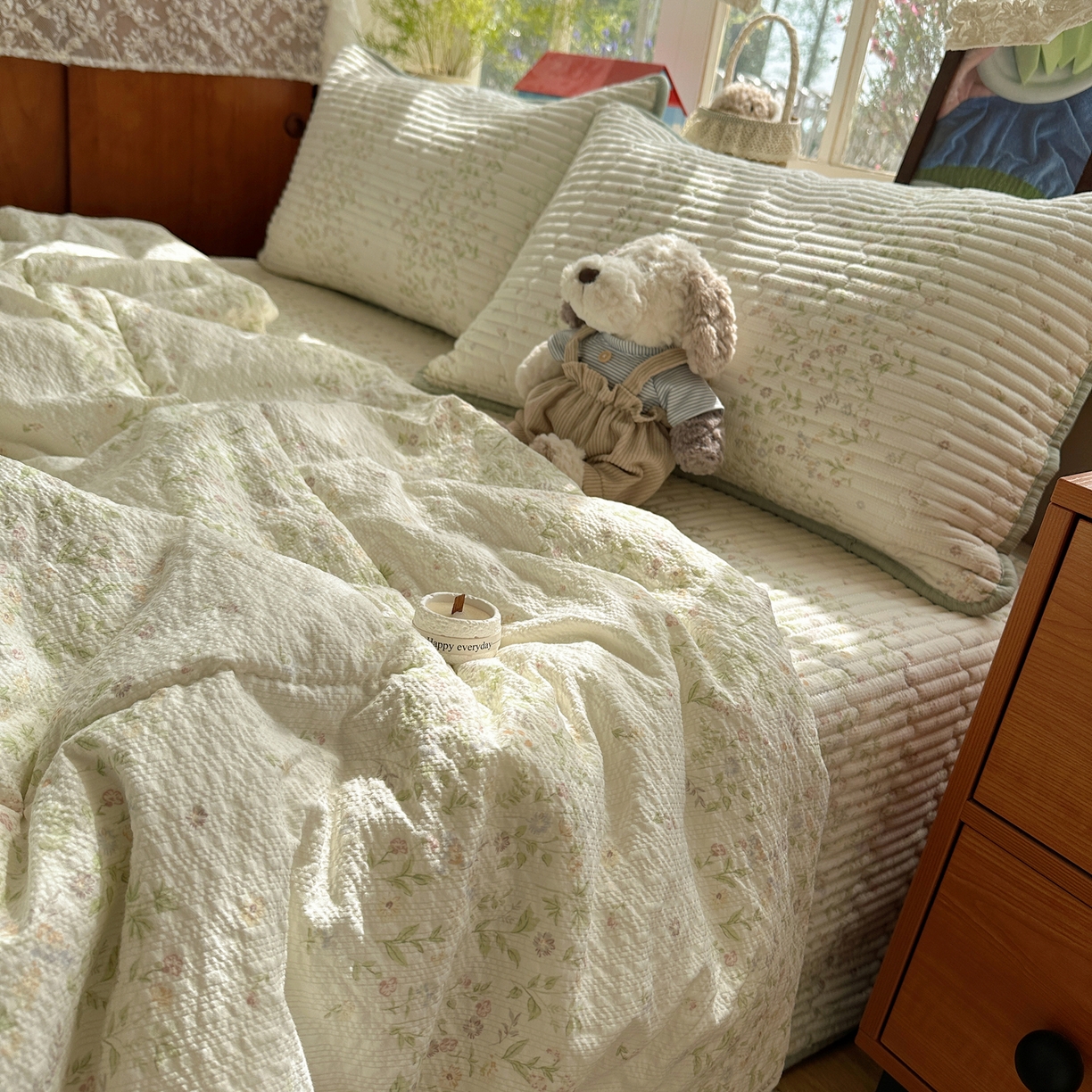 91家纺网 家纺一手货源 找家纺 几禾 2026新款高品质A类泡芙纱床盖夏被套件-青提系列（晚风渐热，温柔续夏） 青提-浅夏花信