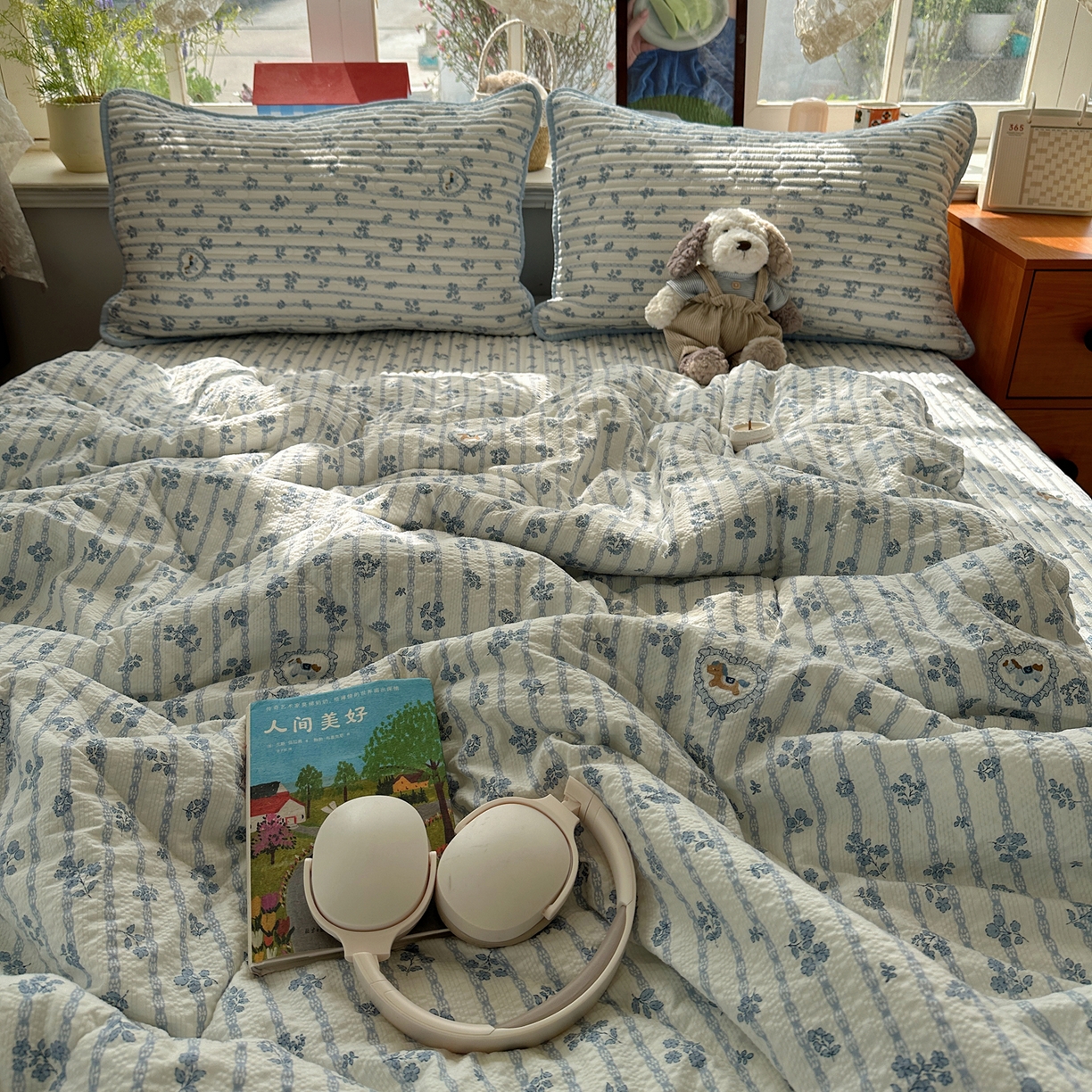 91家纺网 家纺一手货源 找家纺 几禾 2026新款高品质A类泡芙纱床盖夏被套件-青提系列（晚风渐热，温柔续夏） 青提-浅蓝花织