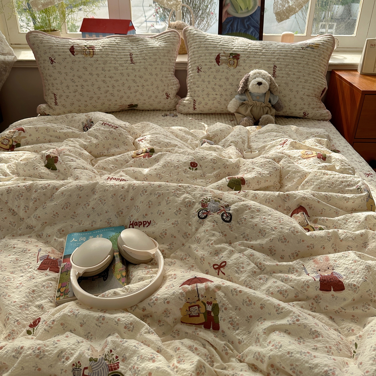 91家纺网 家纺一手货源 找家纺 几禾 2026新款高品质A类泡芙纱床盖夏被套件-青提系列（晚风渐热，温柔续夏） 青提-躲雨小兔