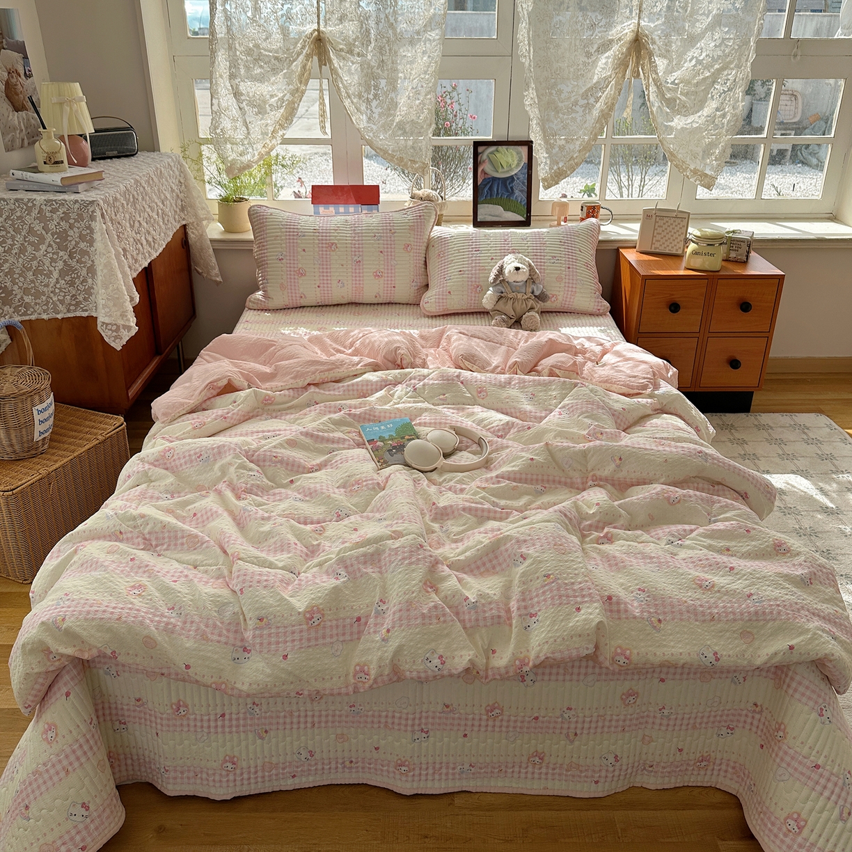 91家纺网 家纺一手货源 找家纺 几禾 2026新款高品质A类泡芙纱床盖夏被套件-青提系列（晚风渐热，温柔续夏） 青提-黄粉猫团