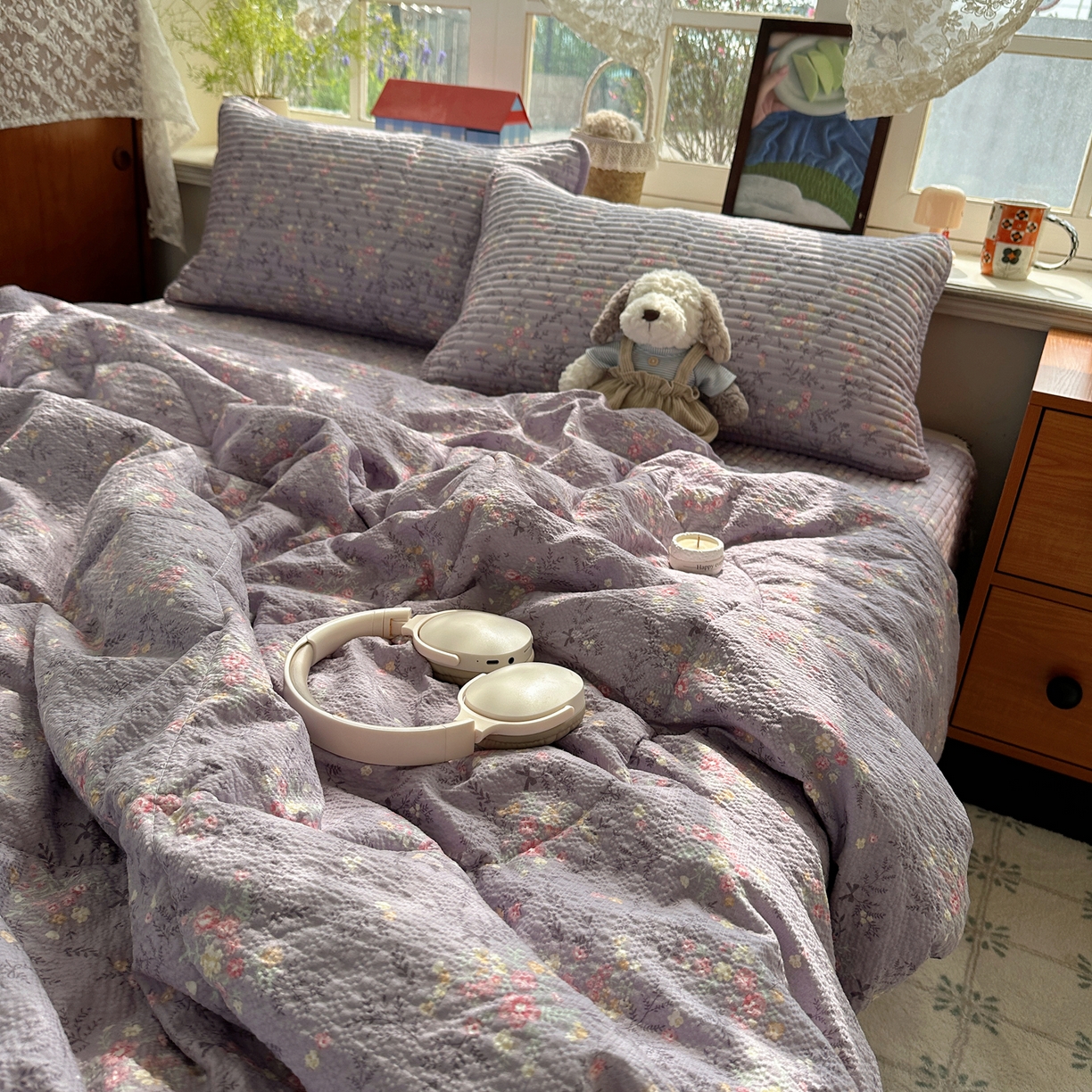 91家纺网 家纺一手货源 找家纺 几禾 2026新款高品质A类泡芙纱床盖夏被套件-青提系列（晚风渐热，温柔续夏） 青提-松间茶事