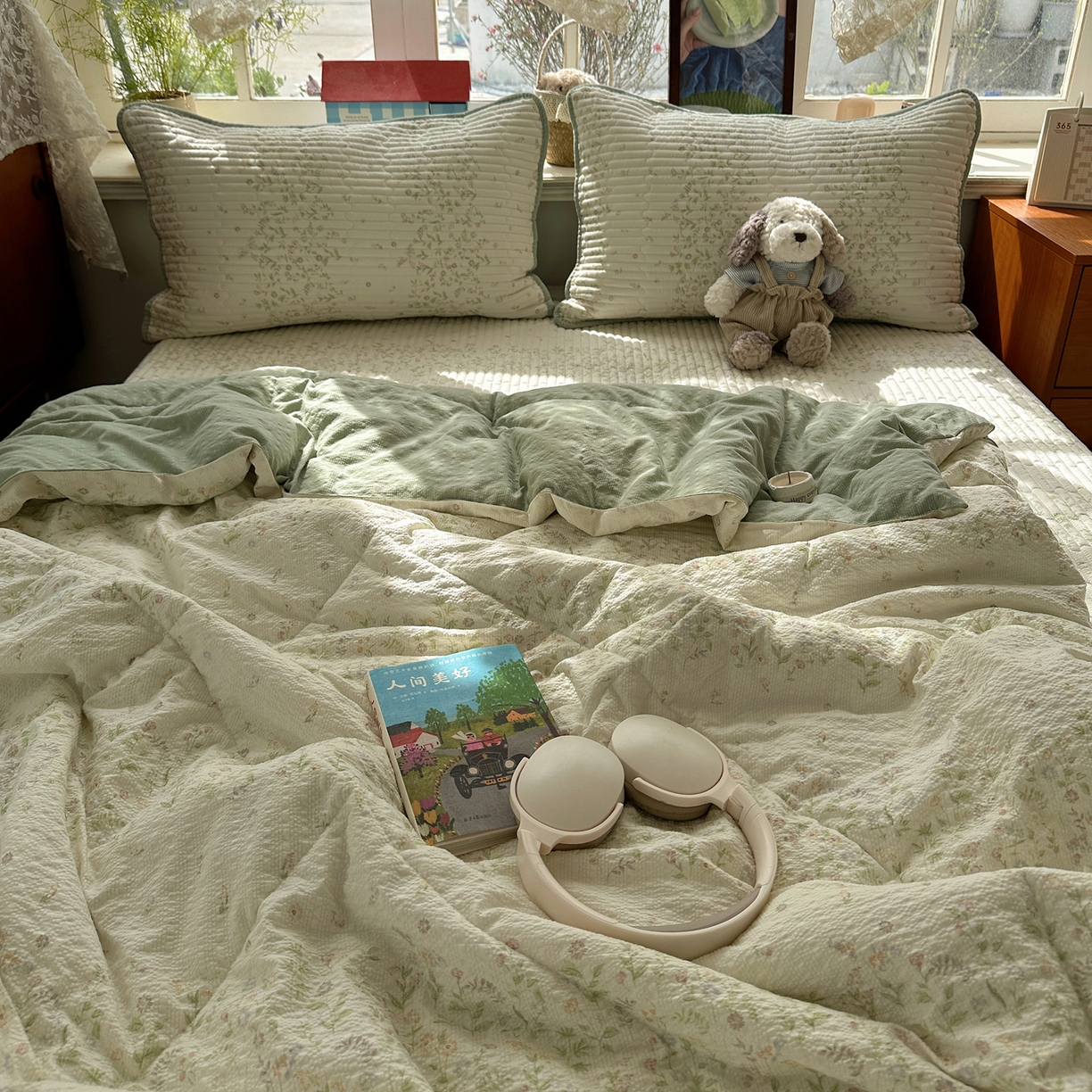 91家纺网 家纺一手货源 找家纺 几禾 2026新款高品质A类泡芙纱床盖夏被套件-青提系列（晚风渐热，温柔续夏） 青提-浅夏花信