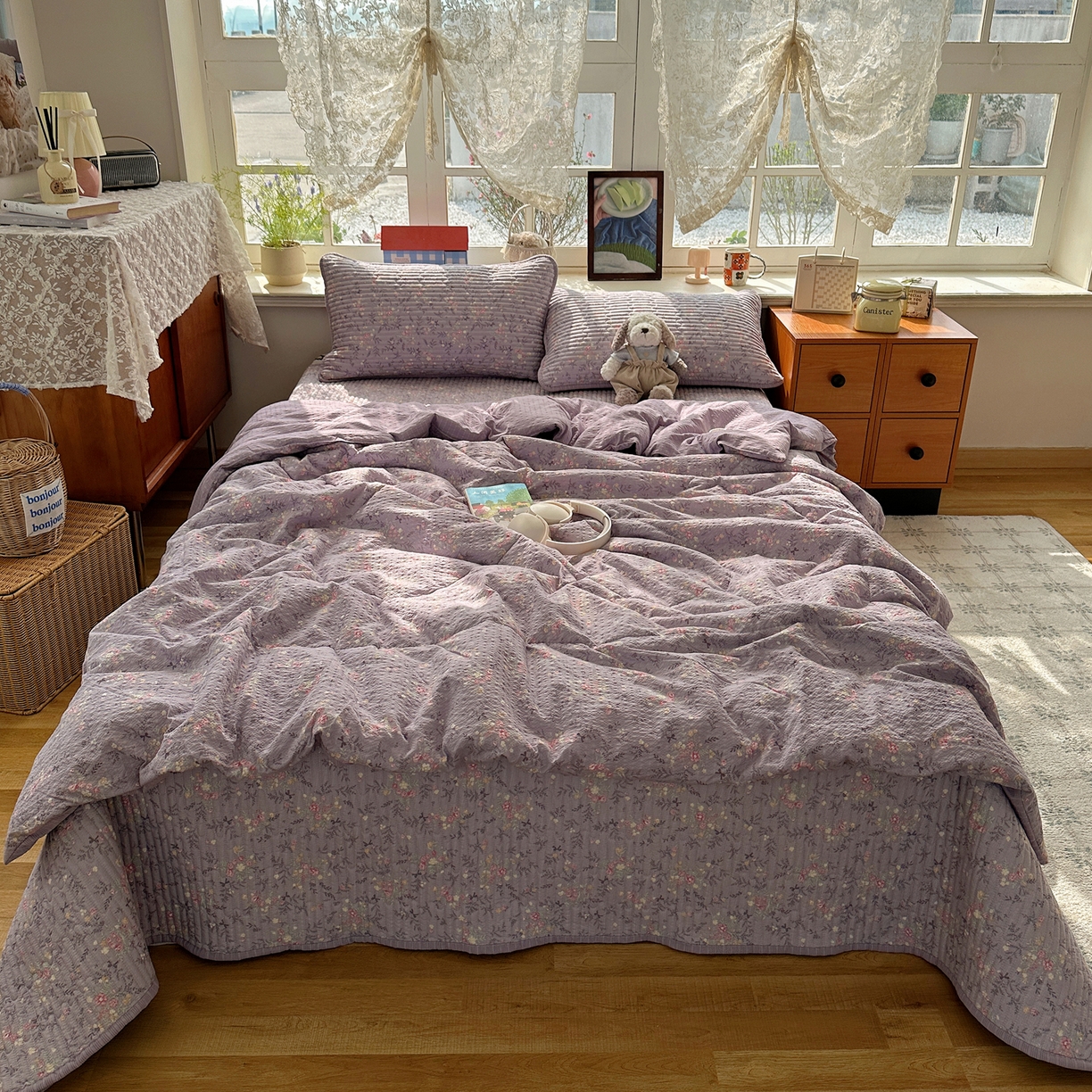 91家纺网 家纺一手货源 找家纺 几禾 2026新款高品质A类泡芙纱床盖夏被套件-青提系列（晚风渐热，温柔续夏） 青提-松间茶事