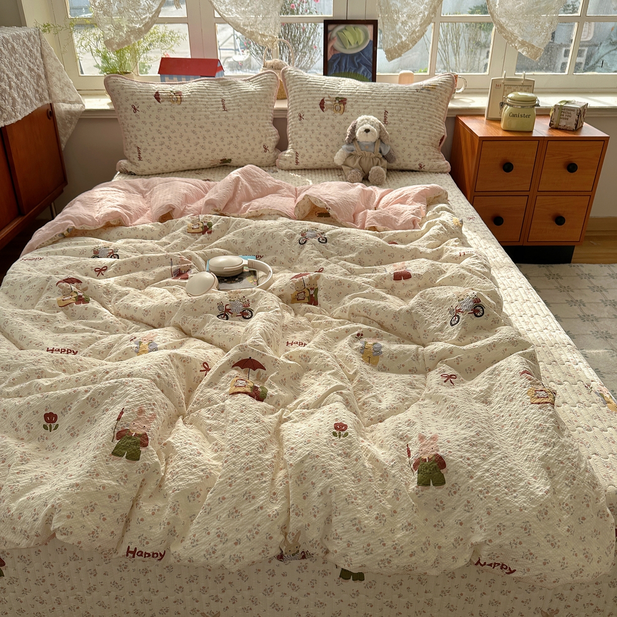 91家纺网 家纺一手货源 找家纺 几禾 2026新款高品质A类泡芙纱床盖夏被套件-青提系列（晚风渐热，温柔续夏） 青提-躲雨小兔