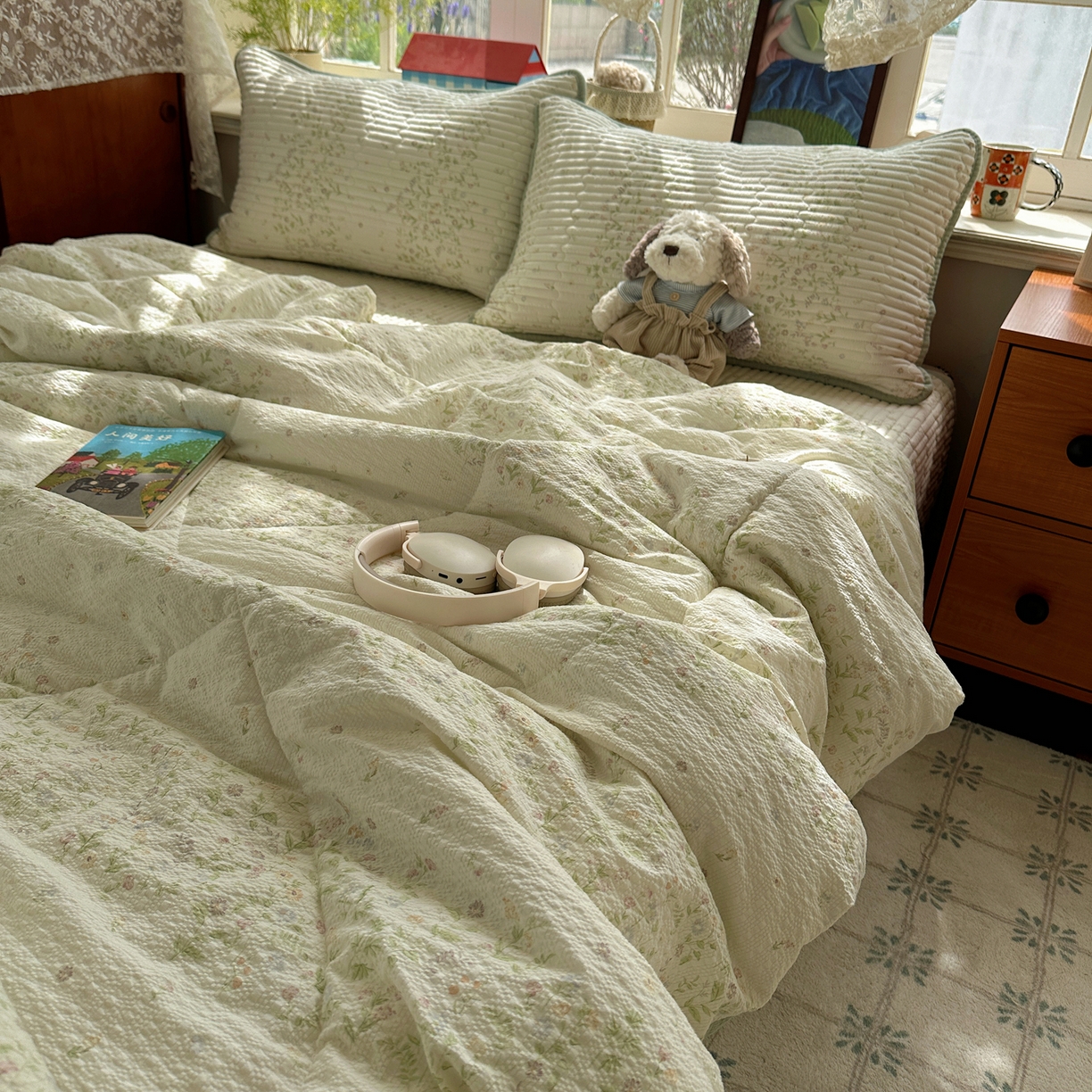 91家纺网 家纺一手货源 找家纺 几禾 2026新款高品质A类泡芙纱床盖夏被套件-青提系列（晚风渐热，温柔续夏） 青提-浅夏花信