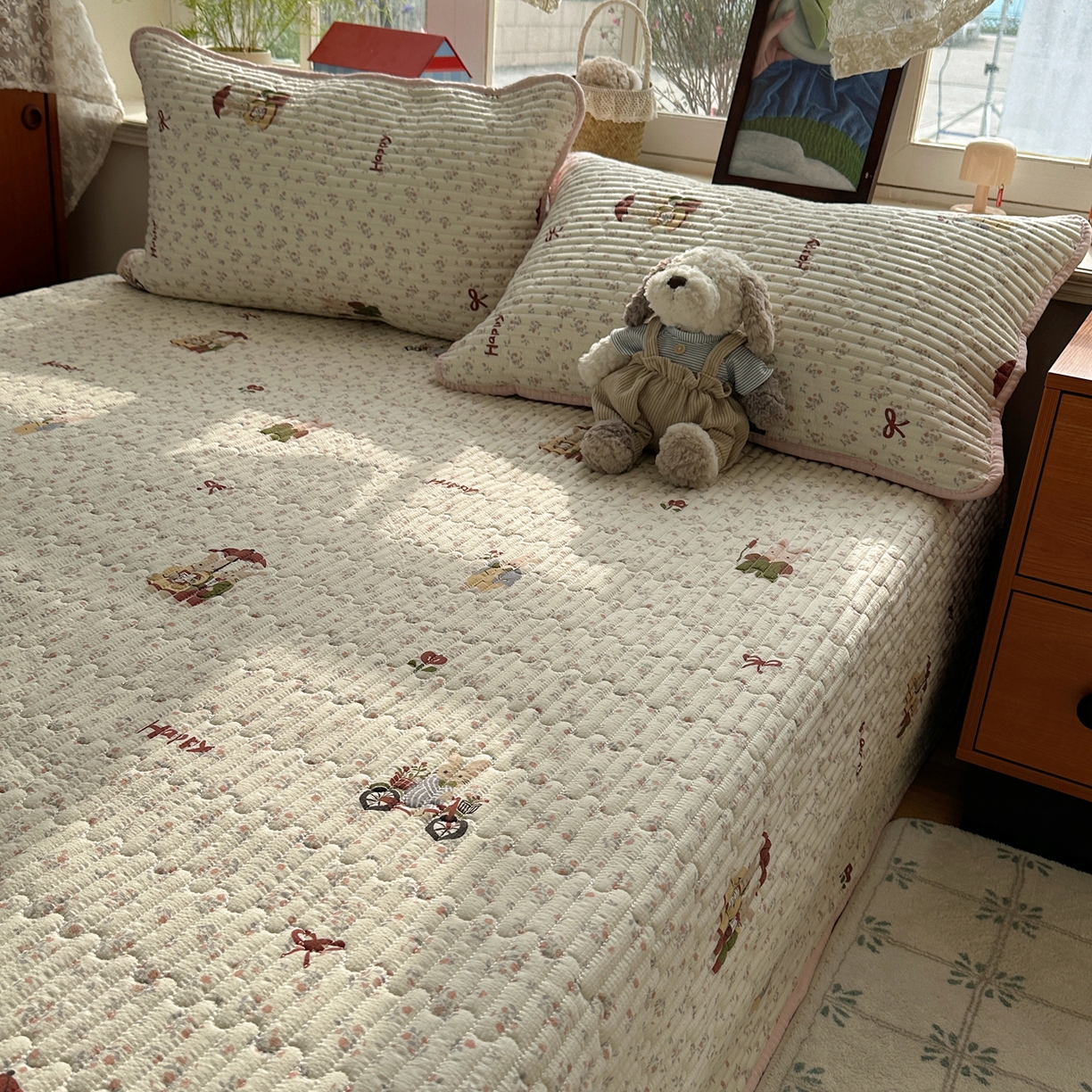 91家纺网 家纺一手货源 找家纺 几禾 2026新款高品质A类泡芙纱床盖夏被套件-青提系列（晚风渐热，温柔续夏） 青提-躲雨小兔