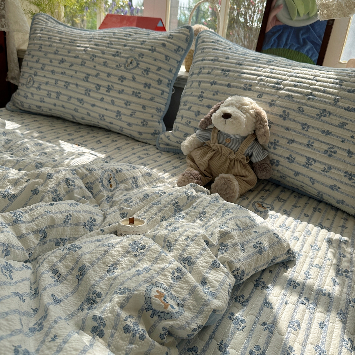 91家纺网 家纺一手货源 找家纺 几禾 2026新款高品质A类泡芙纱床盖夏被套件-青提系列（晚风渐热，温柔续夏） 青提-浅蓝花织