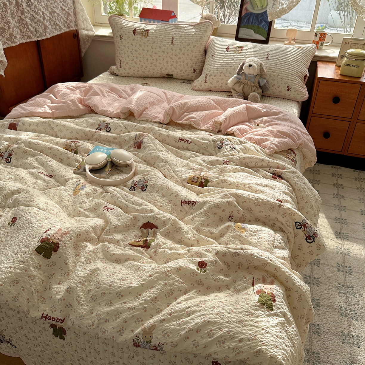 91家纺网 家纺一手货源 找家纺 几禾 2026新款高品质A类泡芙纱床盖夏被套件-青提系列（晚风渐热，温柔续夏） 青提-躲雨小兔