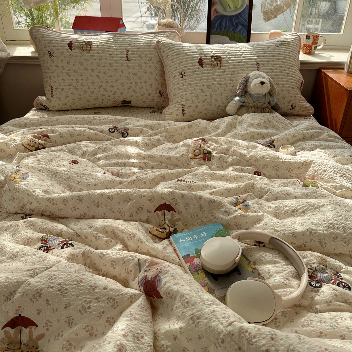 91家纺网 家纺一手货源 找家纺 几禾 2026新款高品质A类泡芙纱床盖夏被套件-青提系列（晚风渐热，温柔续夏） 青提-躲雨小兔