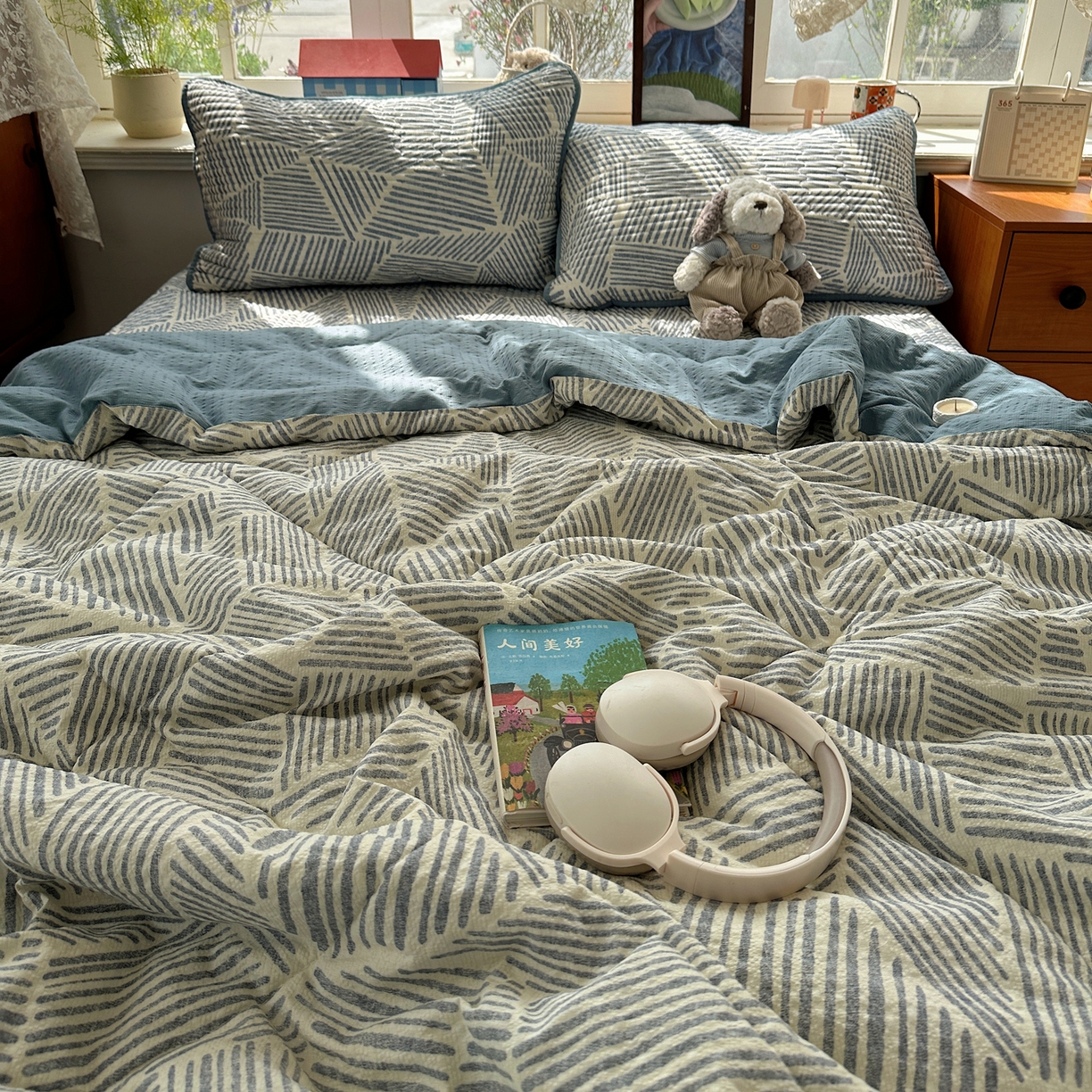 91家纺网 家纺一手货源 找家纺 几禾 2026新款高品质A类泡芙纱床盖夏被套件-青提系列（晚风渐热，温柔续夏） 青提-浅川纹