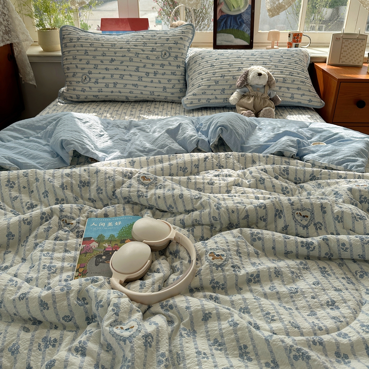91家纺网 家纺一手货源 找家纺 几禾 2026新款高品质A类泡芙纱床盖夏被套件-青提系列（晚风渐热，温柔续夏） 青提-浅蓝花织