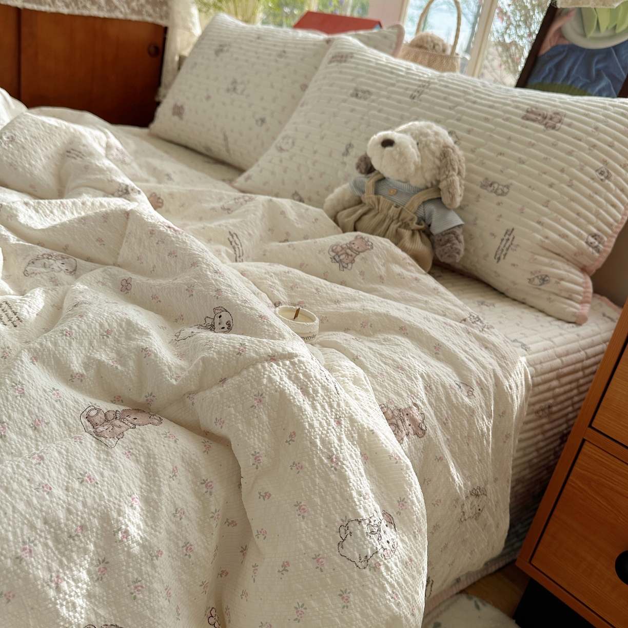 91家纺网 家纺一手货源 找家纺 几禾 2026新款高品质A类泡芙纱床盖夏被套件-青提系列（晚风渐热，温柔续夏） 青提-悦悦小兔