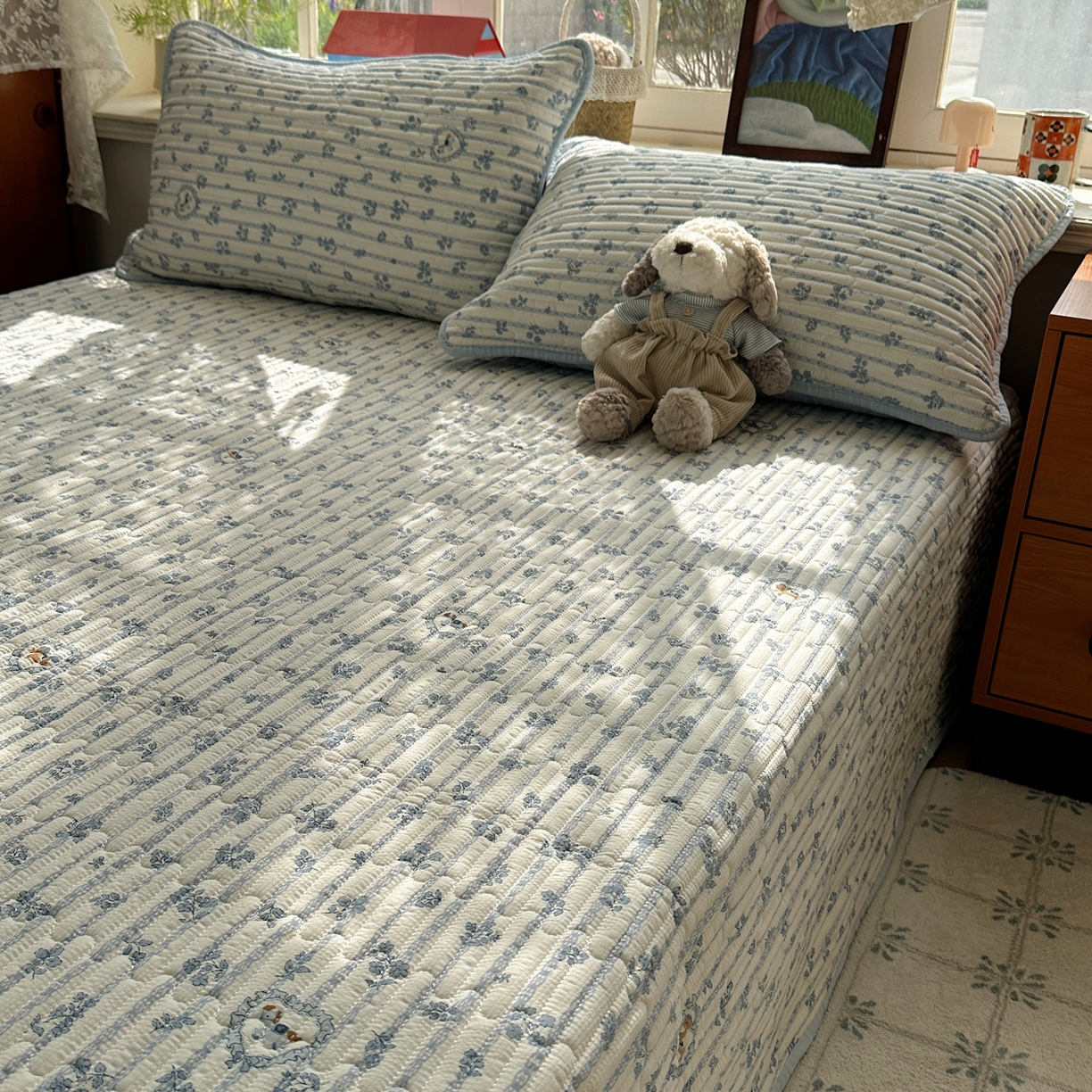 91家纺网 家纺一手货源 找家纺 几禾 2026新款高品质A类泡芙纱床盖夏被套件-青提系列（晚风渐热，温柔续夏） 青提-浅蓝花织