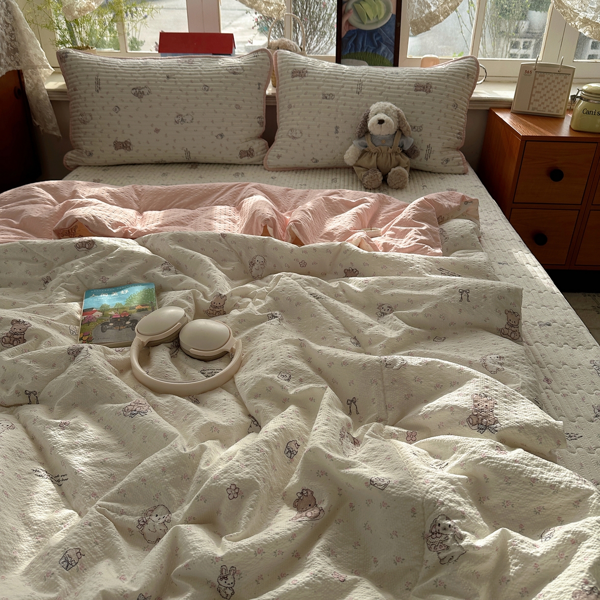 91家纺网 家纺一手货源 找家纺 几禾 2026新款高品质A类泡芙纱床盖夏被套件-青提系列（晚风渐热，温柔续夏） 青提-悦悦小兔