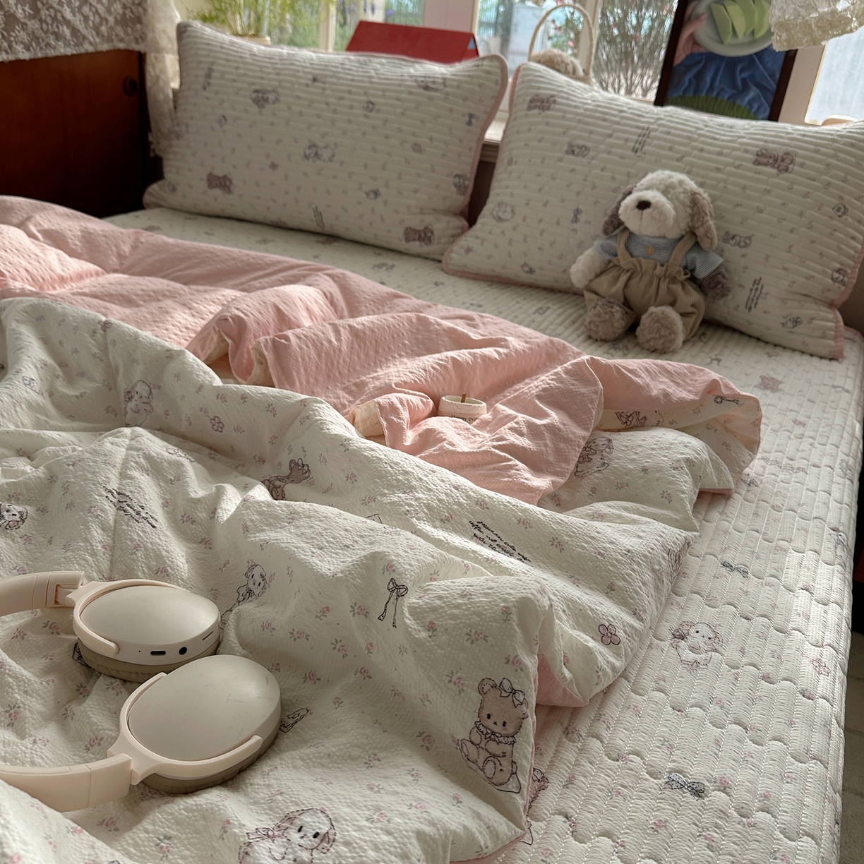 91家纺网 家纺一手货源 找家纺 几禾 2026新款高品质A类泡芙纱床盖夏被套件-青提系列（晚风渐热，温柔续夏） 青提-悦悦小兔