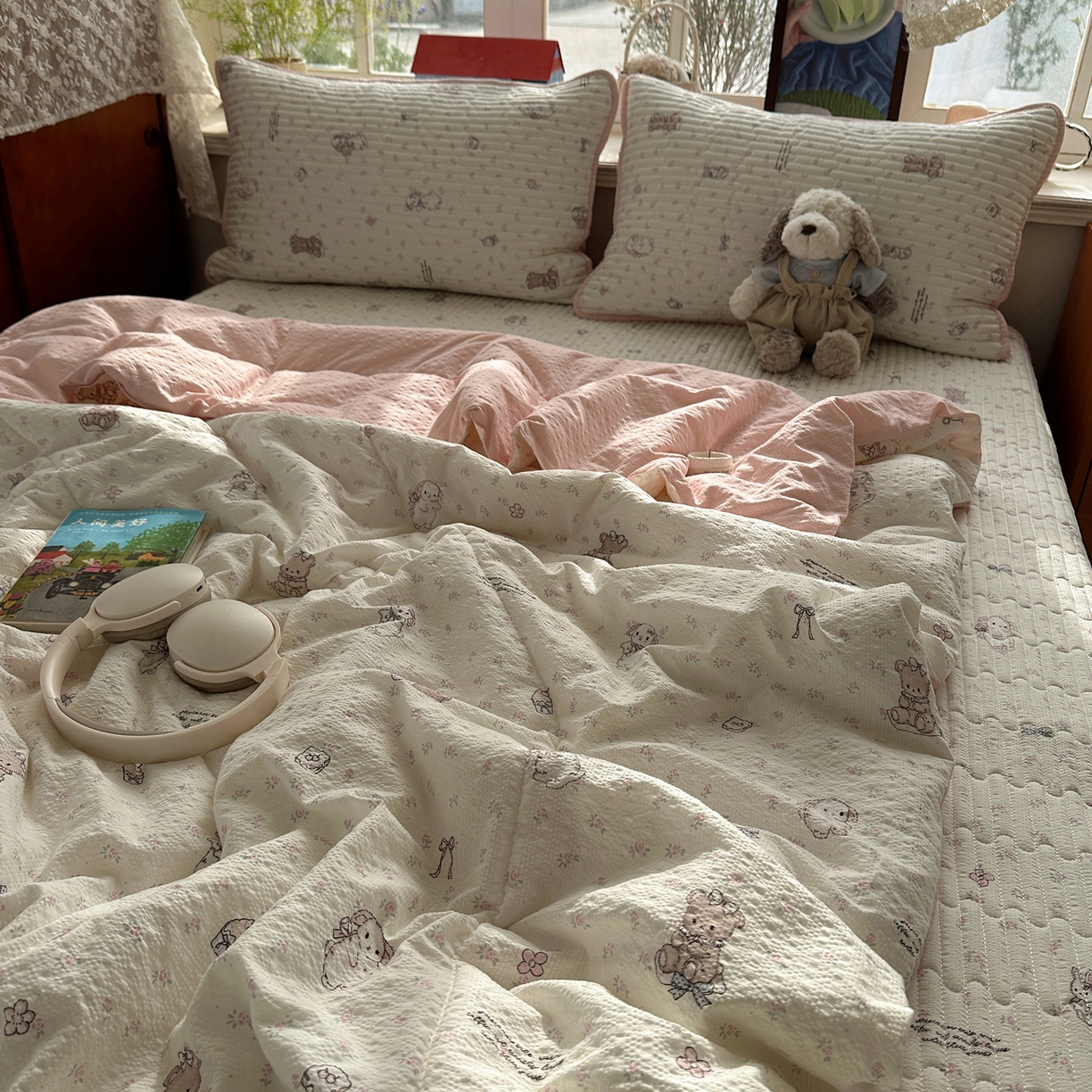 91家纺网 家纺一手货源 找家纺 几禾 2026新款高品质A类泡芙纱床盖夏被套件-青提系列（晚风渐热，温柔续夏） 青提-悦悦小兔