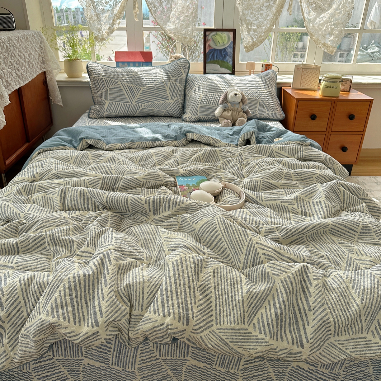 91家纺网 家纺一手货源 找家纺 几禾 2026新款高品质A类泡芙纱床盖夏被套件-青提系列（晚风渐热，温柔续夏） 青提-浅川纹