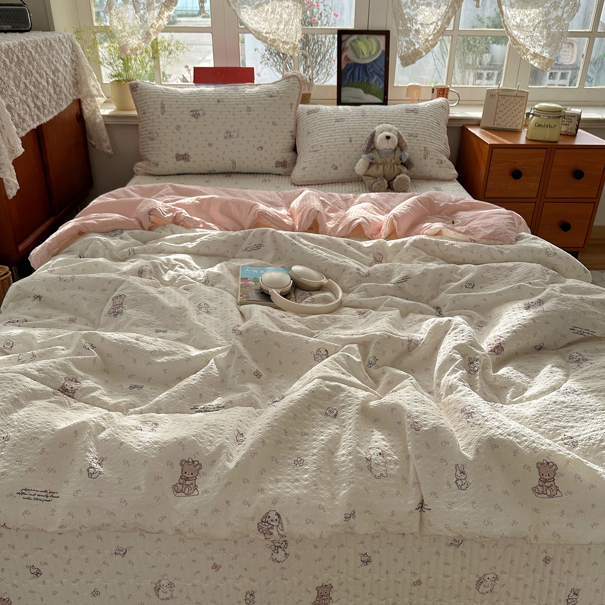 91家纺网 家纺一手货源 找家纺 几禾 2026新款高品质A类泡芙纱床盖夏被套件-青提系列（晚风渐热，温柔续夏） 青提-悦悦小兔