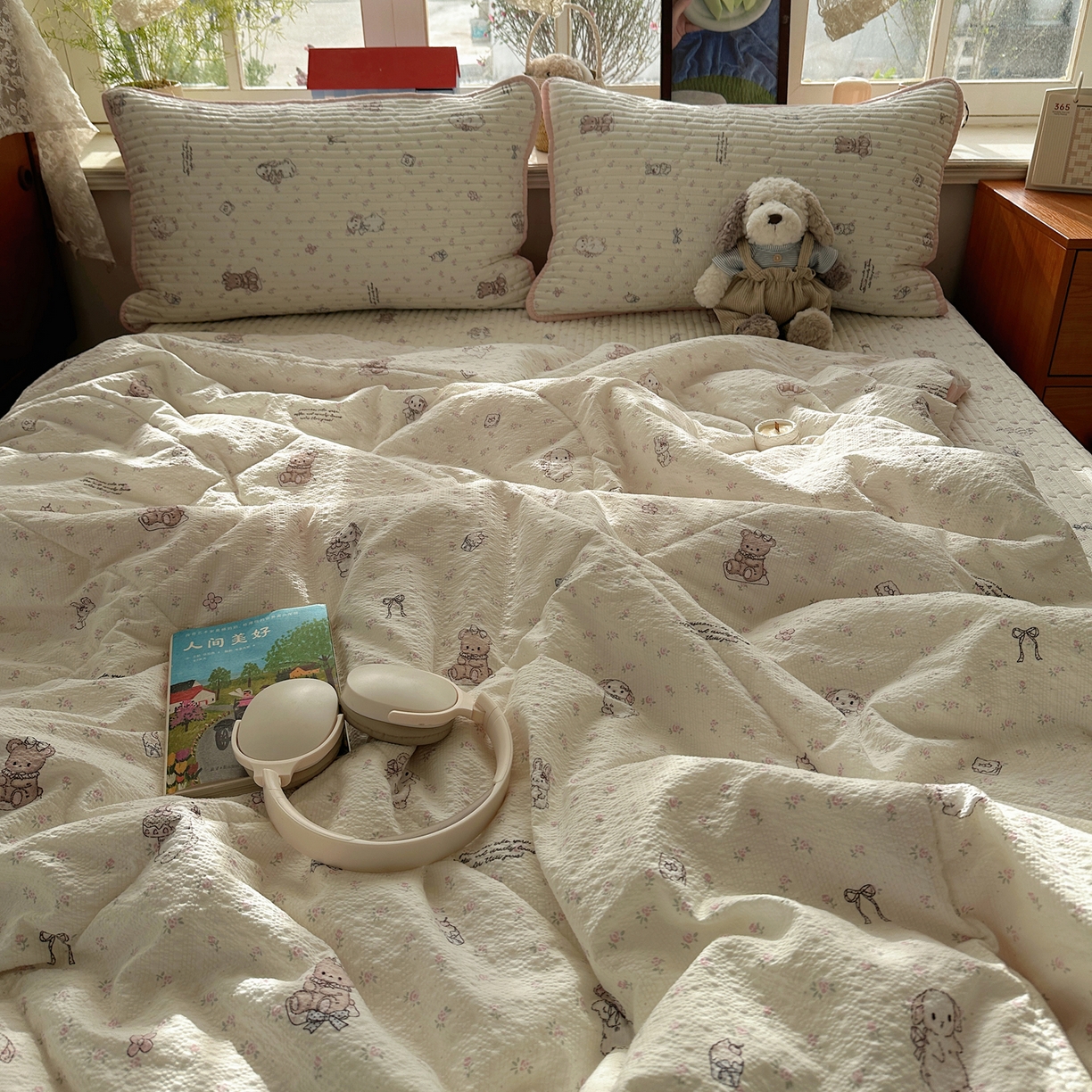 91家纺网 家纺一手货源 找家纺 几禾 2026新款高品质A类泡芙纱床盖夏被套件-青提系列（晚风渐热，温柔续夏） 青提-悦悦小兔