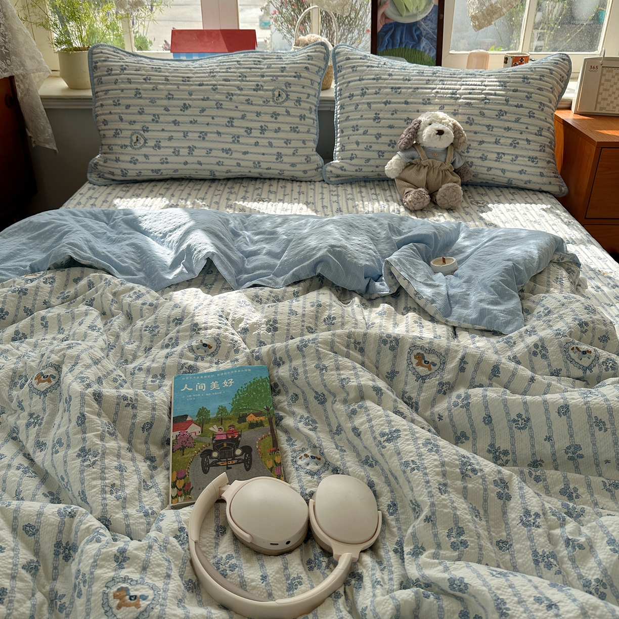 91家纺网 家纺一手货源 找家纺 几禾 2026新款高品质A类泡芙纱床盖夏被套件-青提系列（晚风渐热，温柔续夏） 青提-浅蓝花织
