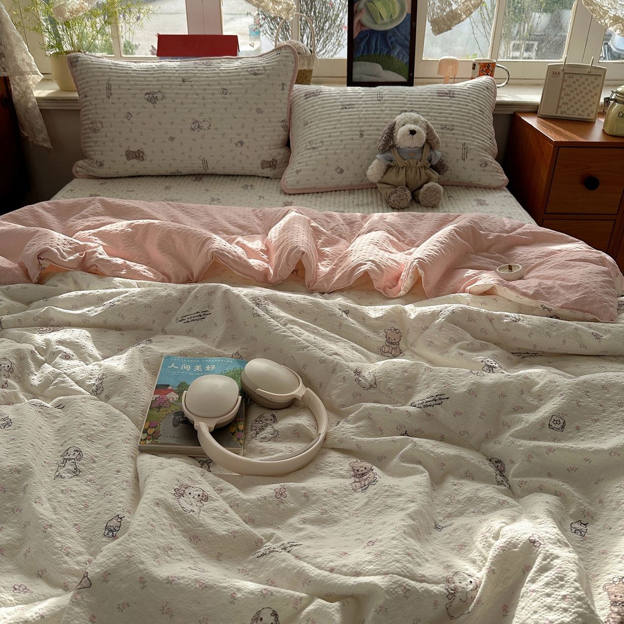 91家纺网 家纺一手货源 找家纺 几禾 2026新款高品质A类泡芙纱床盖夏被套件-青提系列（晚风渐热，温柔续夏） 青提-悦悦小兔