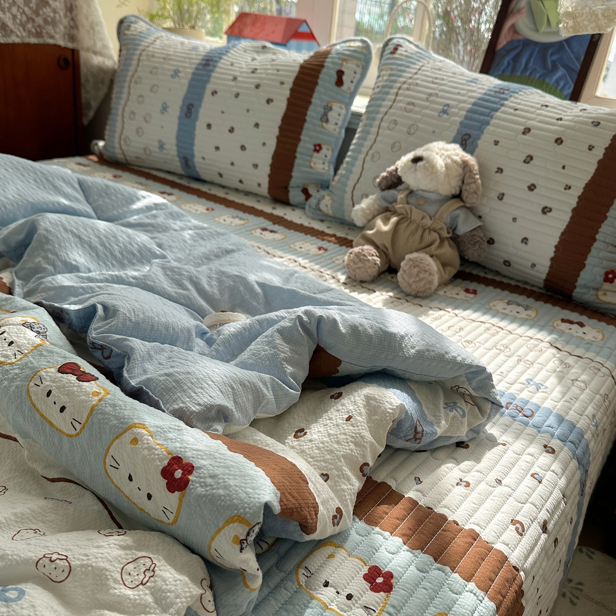 91家纺网 家纺一手货源 找家纺 几禾 2026新款高品质A类泡芙纱床盖夏被套件-青提系列（晚风渐热，温柔续夏） 青提-可可小猫条