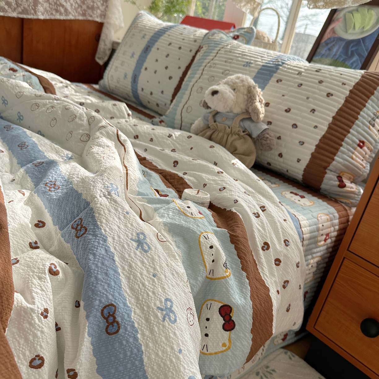 91家纺网 家纺一手货源 找家纺 几禾 2026新款高品质A类泡芙纱床盖夏被套件-青提系列（晚风渐热，温柔续夏） 青提-可可小猫条