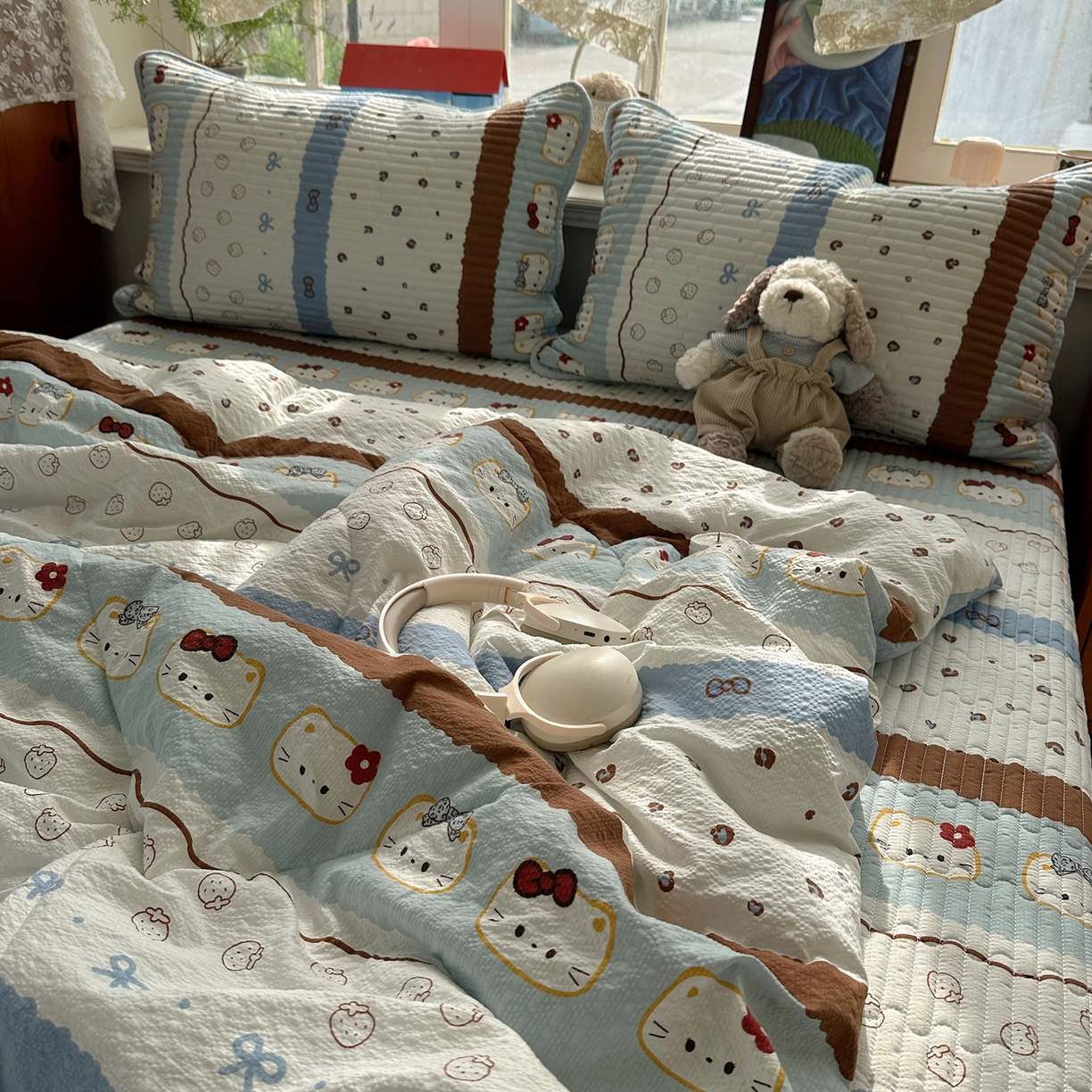 91家纺网 家纺一手货源 找家纺 几禾 2026新款高品质A类泡芙纱床盖夏被套件-青提系列（晚风渐热，温柔续夏） 青提-可可小猫条