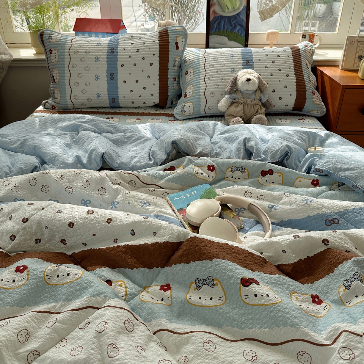 91家纺网 家纺一手货源 找家纺 几禾 2026新款高品质A类泡芙纱床盖夏被套件-青提系列（晚风渐热，温柔续夏） 青提-可可小猫条