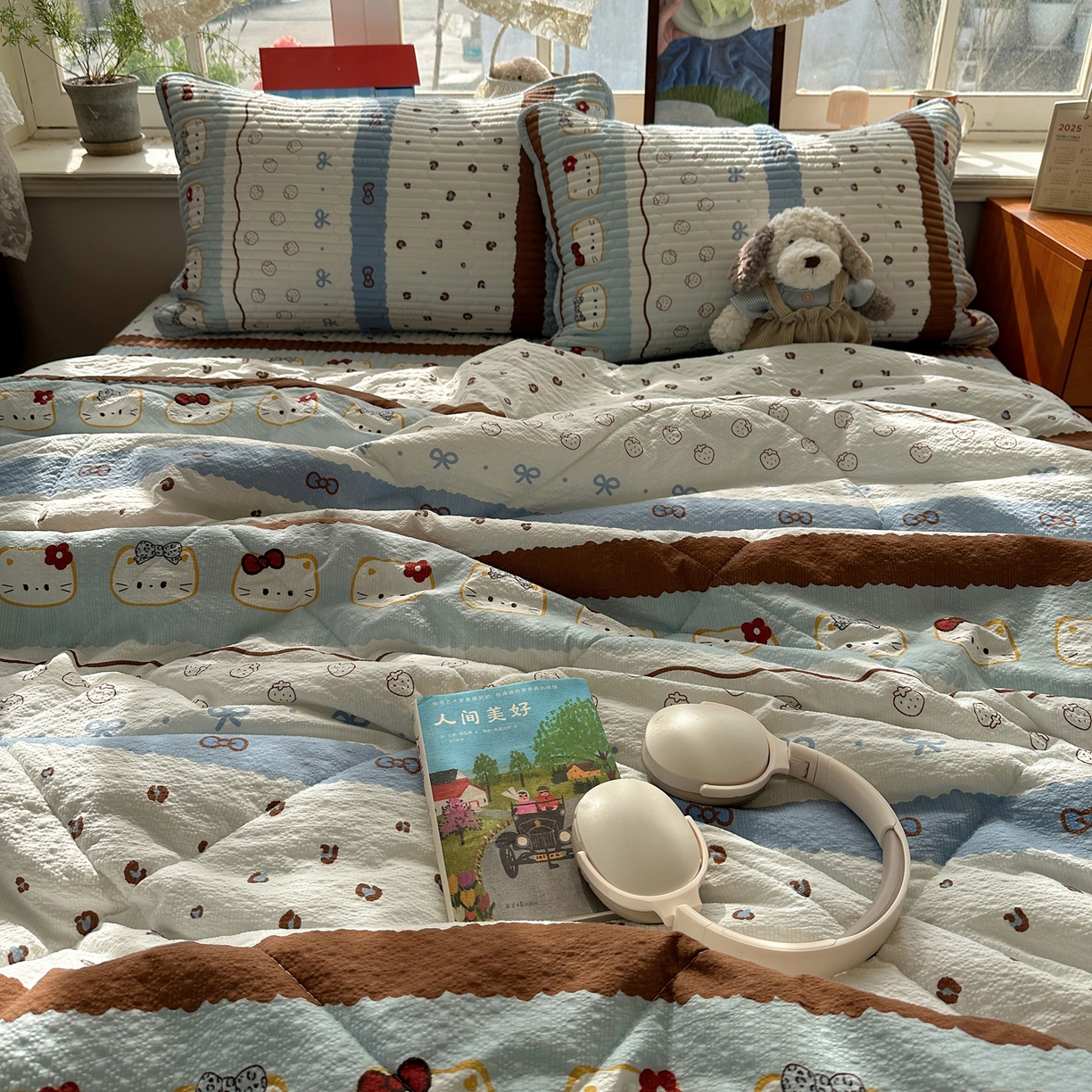 91家纺网 家纺一手货源 找家纺 几禾 2026新款高品质A类泡芙纱床盖夏被套件-青提系列（晚风渐热，温柔续夏） 青提-可可小猫条