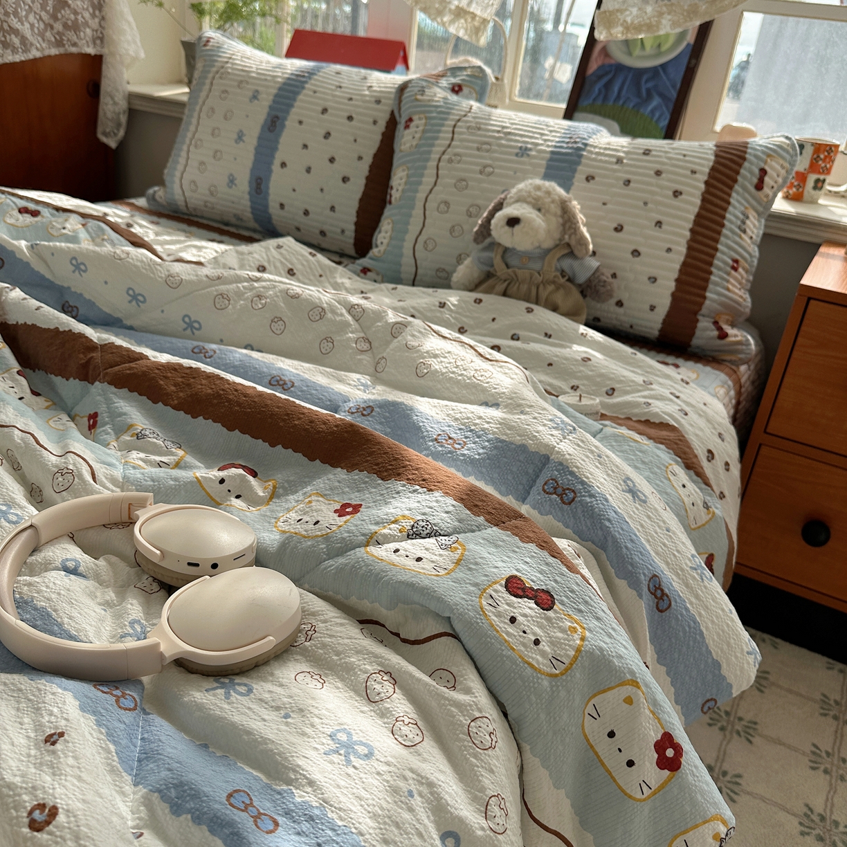 91家纺网 家纺一手货源 找家纺 几禾 2026新款高品质A类泡芙纱床盖夏被套件-青提系列（晚风渐热，温柔续夏） 青提-可可小猫条