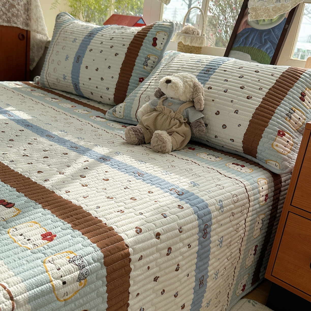 91家纺网 家纺一手货源 找家纺 几禾 2026新款高品质A类泡芙纱床盖夏被套件-青提系列（晚风渐热，温柔续夏） 青提-可可小猫条