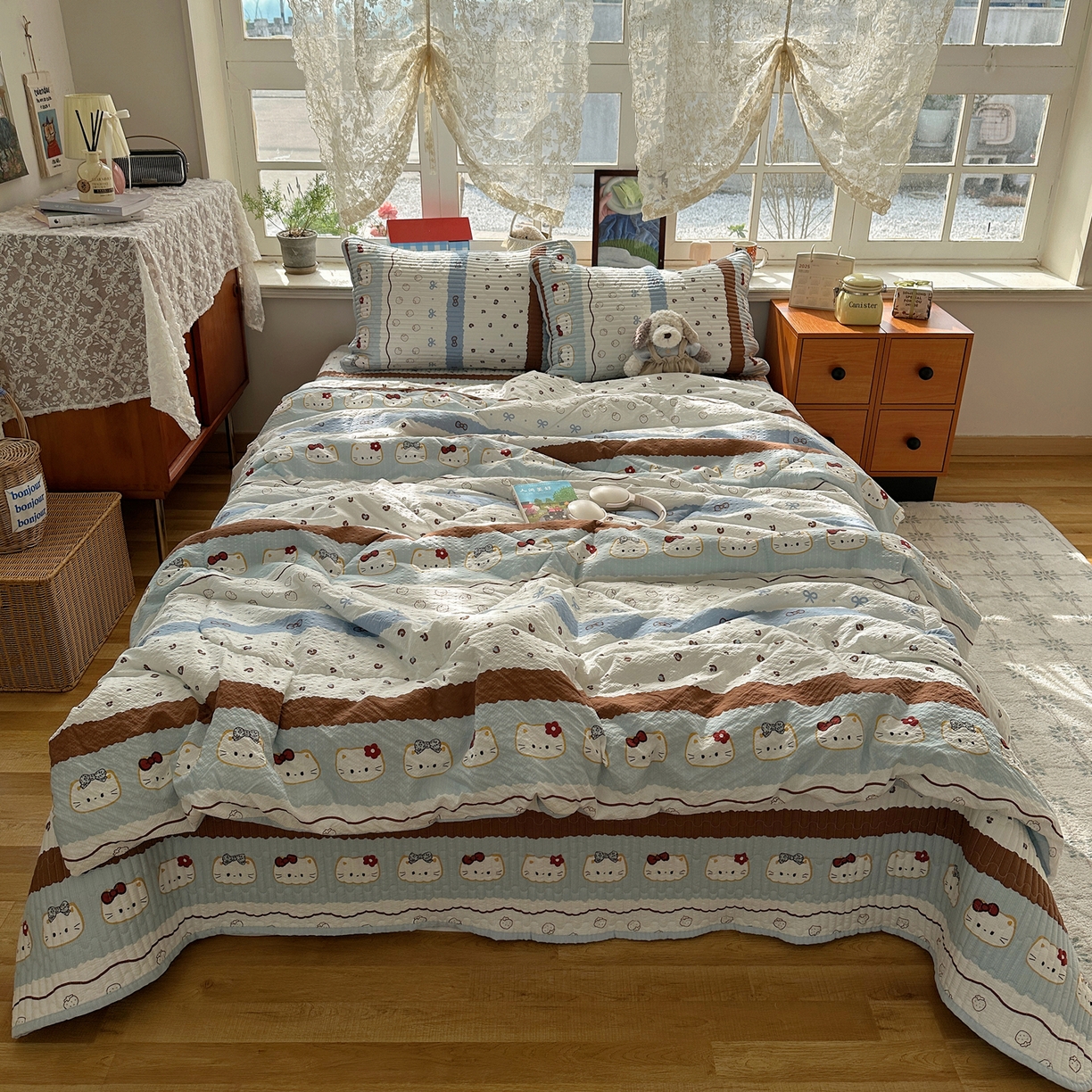 91家纺网 家纺一手货源 找家纺 几禾 2026新款高品质A类泡芙纱床盖夏被套件-青提系列（晚风渐热，温柔续夏） 青提-可可小猫条