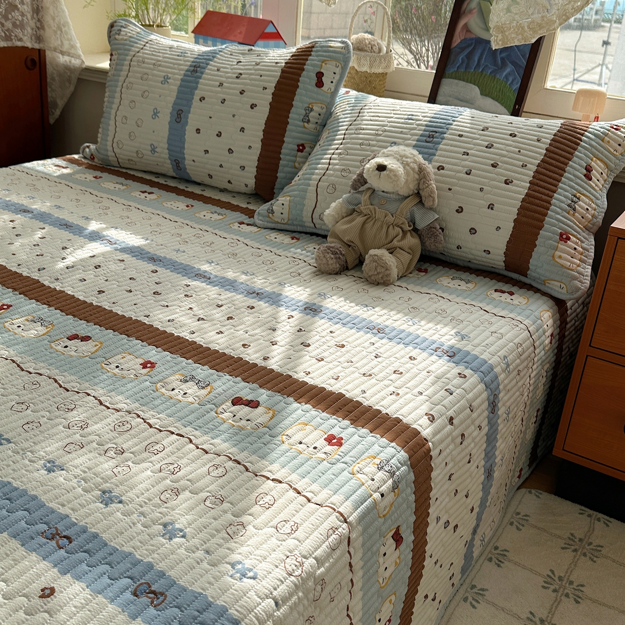 91家纺网 家纺一手货源 找家纺 几禾 2026新款高品质A类泡芙纱床盖夏被套件-青提系列（晚风渐热，温柔续夏） 青提-可可小猫条