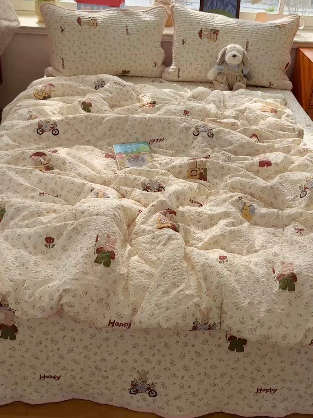 91家纺网 家纺一手货源 找家纺 几禾 2026新款高品质A类泡芙纱床盖夏被套件-青提系列（晚风渐热，温柔续夏） 青提-躲雨小兔