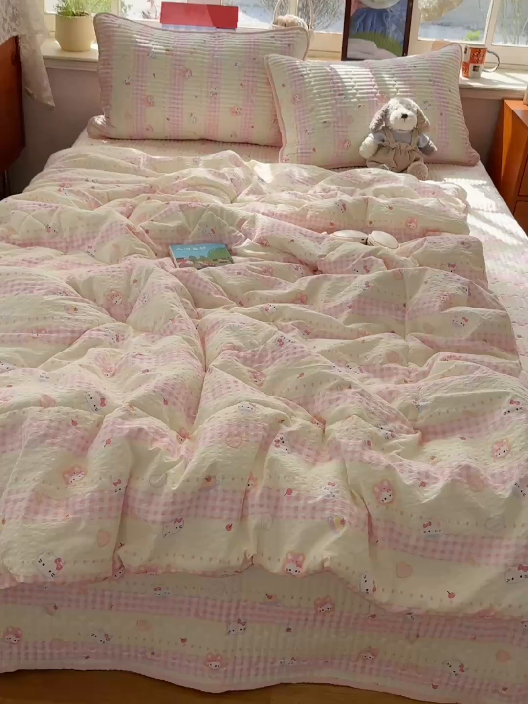 91家纺网 家纺一手货源 找家纺 几禾 2026新款高品质A类泡芙纱床盖夏被套件-青提系列（晚风渐热，温柔续夏） 青提-黄粉猫团