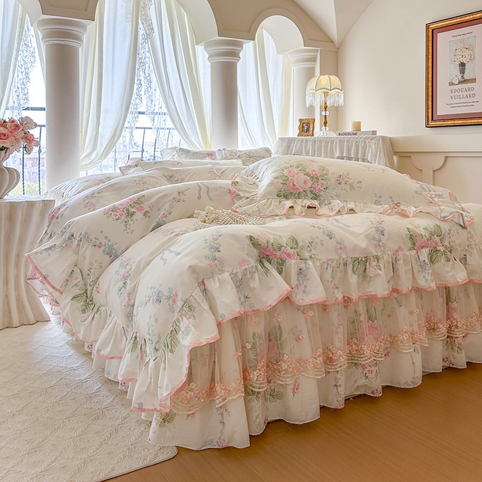 91家纺网 家纺一手货源 找家纺 （总）网红馆（ck家纺） 2026春夏新款小清新全棉印花床裙三件套