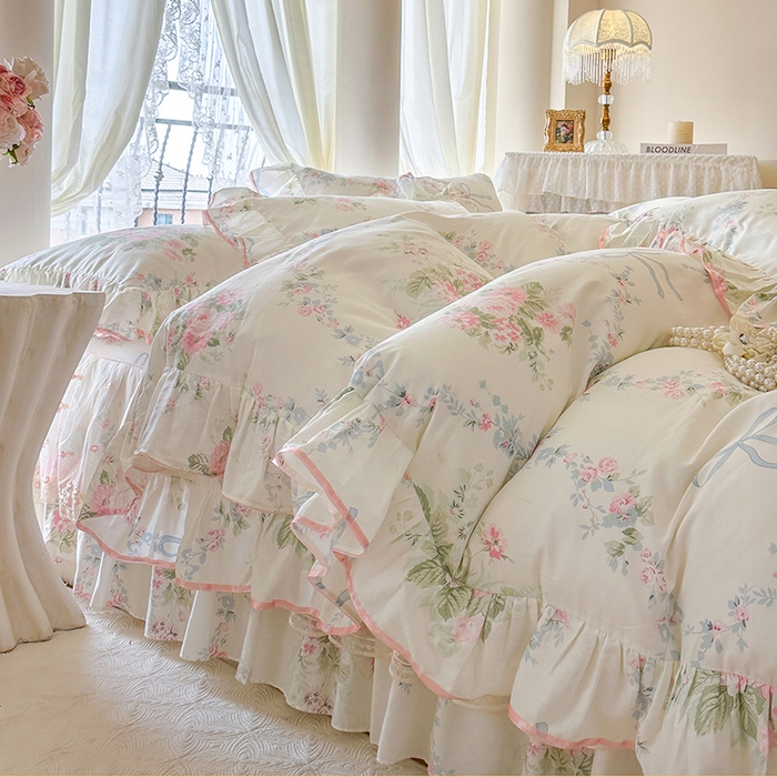 91家纺网 家纺一手货源 找家纺 网红馆（ck家纺） 2026春夏新款小清新全棉印花床裙三件套 花蔓蓝