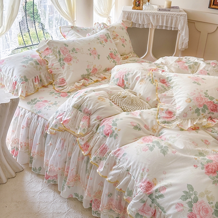 91家纺网 家纺一手货源 找家纺 网红馆（ck家纺） 2026春夏新款小清新全棉印花床裙三件套 蕾丝花海