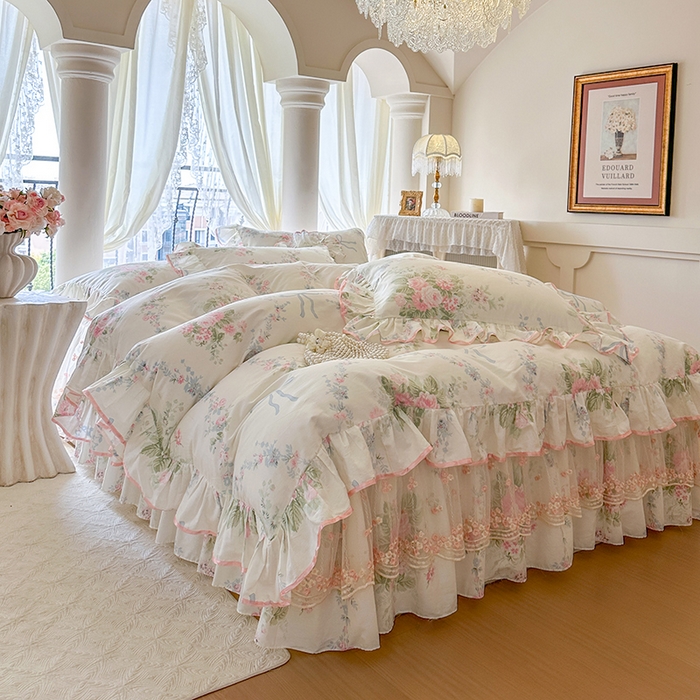 91家纺网 家纺一手货源 找家纺 网红馆（ck家纺） 2026春夏新款小清新全棉印花床裙三件套 花蔓蓝