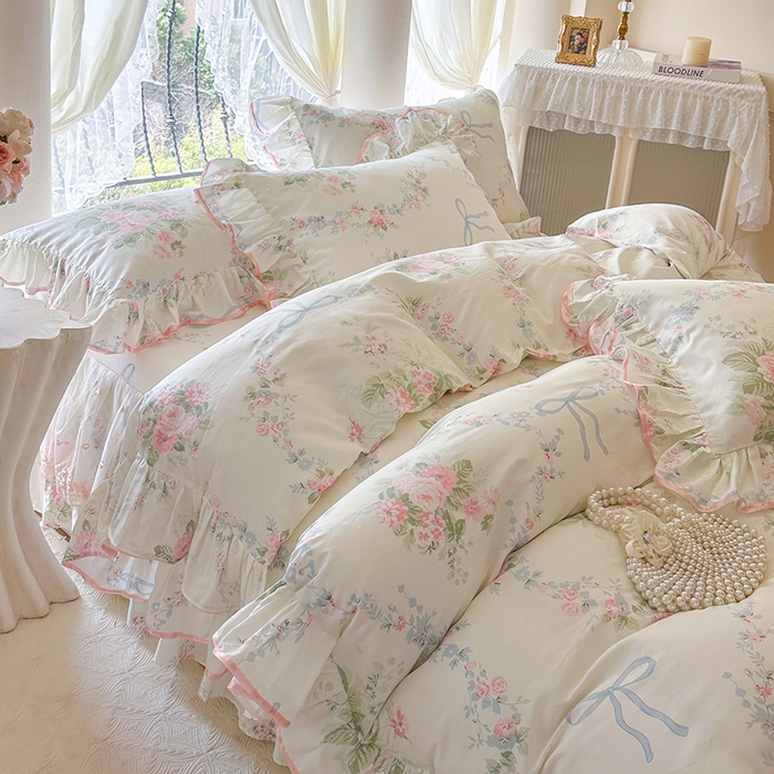 91家纺网 家纺一手货源 找家纺 网红馆（ck家纺） 2026春夏新款小清新全棉印花床裙三件套 花蔓蓝