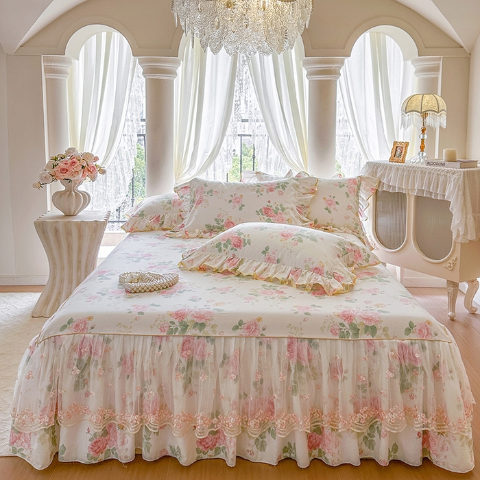 网红馆（ck家纺） 2026春夏新款小清新全棉印花床裙三件套 蕾丝花海