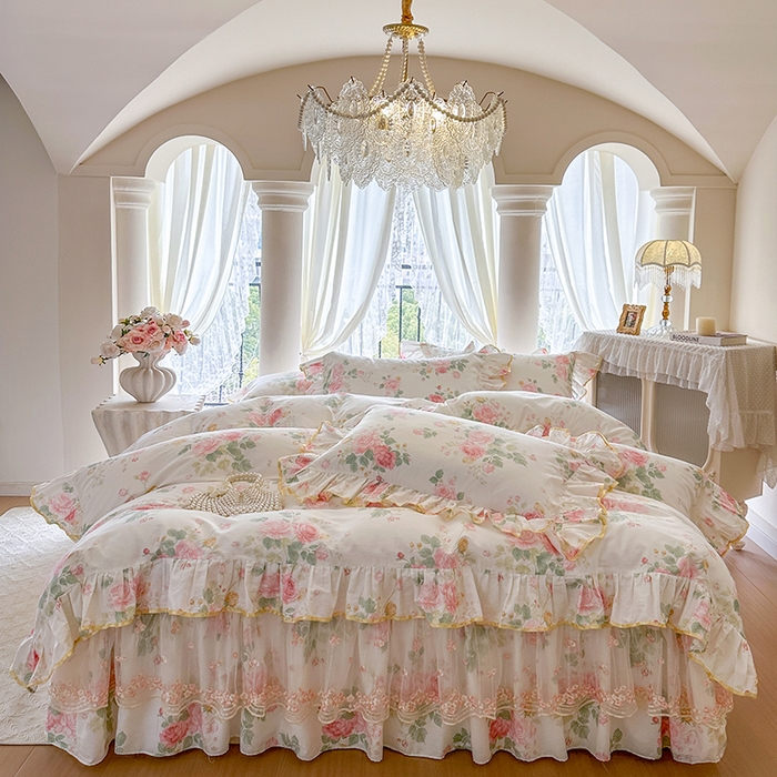 91家纺网 家纺一手货源 找家纺 网红馆（ck家纺） 2026春夏新款小清新全棉印花床裙三件套 蕾丝花海