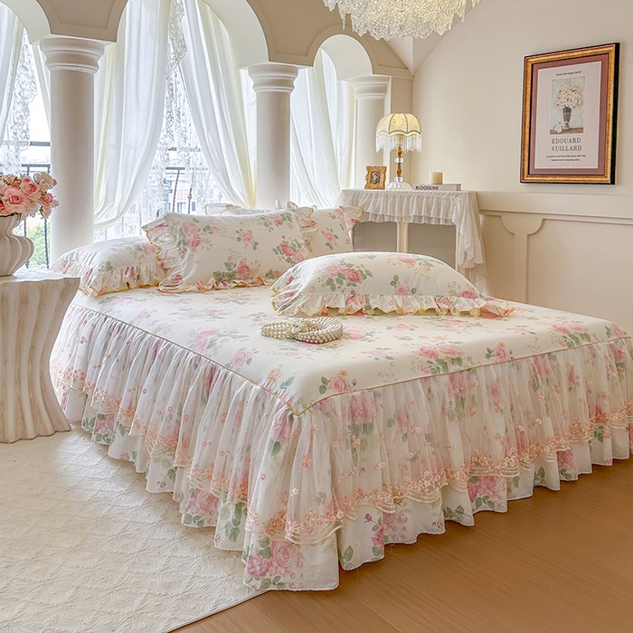 91家纺网 家纺一手货源 找家纺 网红馆（ck家纺） 2026春夏新款小清新全棉印花床裙三件套 蕾丝花海